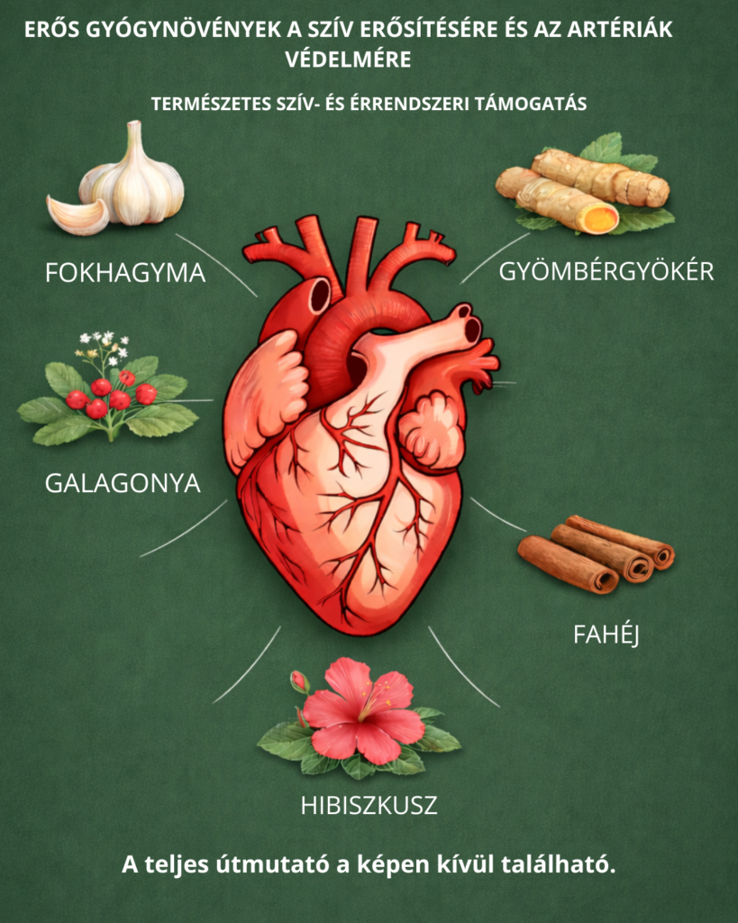 Erős gyógynövények a szív erősítésére: fokhagyma, galagonya, gyömbér gyökér, hibiszkusz és fahéj egy anatómiai szív körül